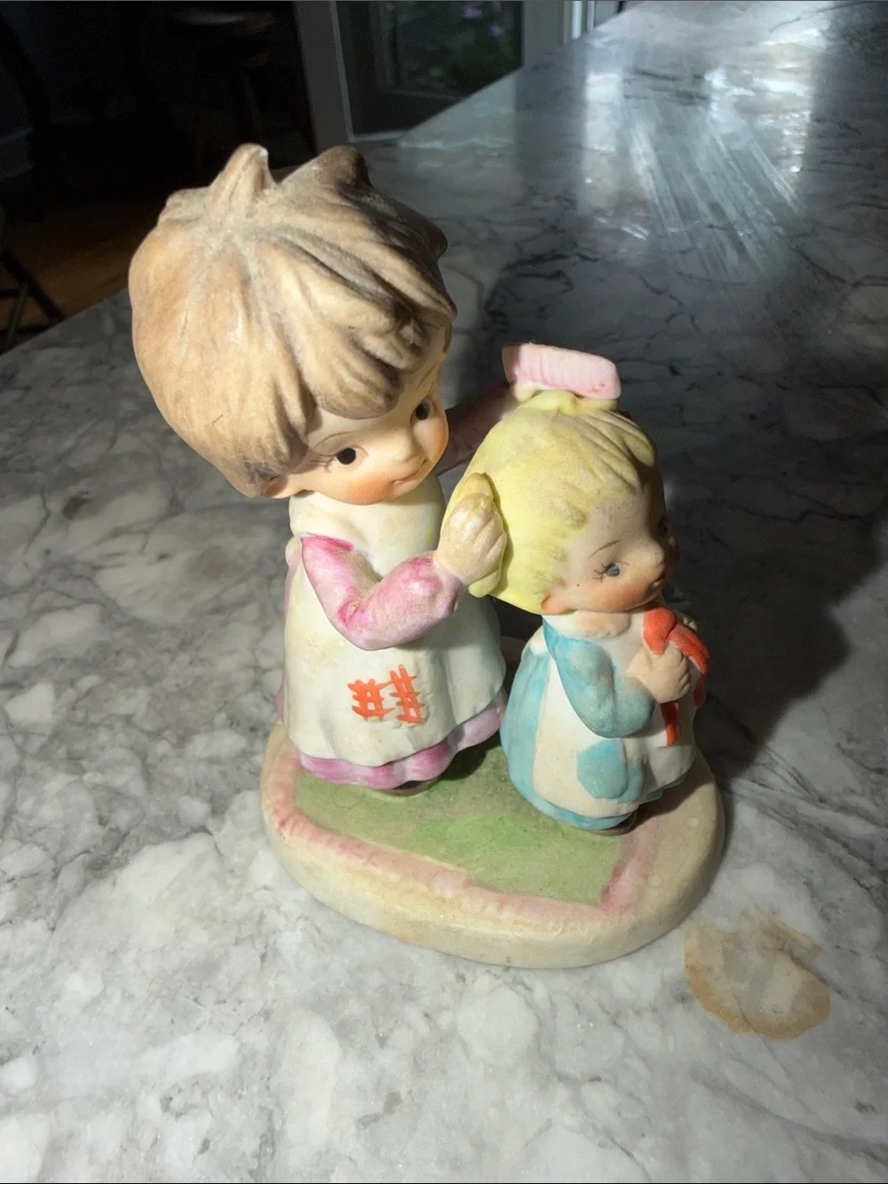 Vintage Lefton Ceramic Figurine of Sister Combing Lil sister #241 stamp